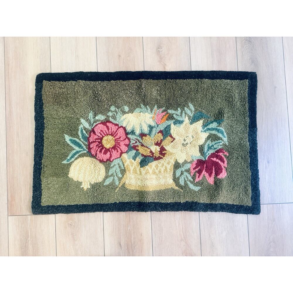 Vintage Hand Hooked Rug Floral Basket Primitive Cottagecore 21x34 Wool Accent